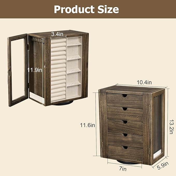 Emfogo 360° Rotating Jewelry Box for Women, Rustic Wooden Jewelry Organizer Box with 5 Drawers, Glass Doors, Vertical Open De
