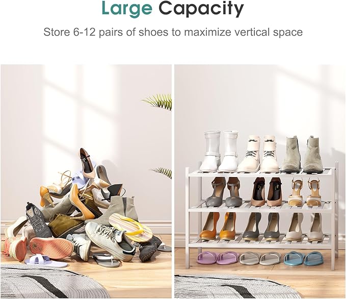 viewcare White Shoe Rack, 3-Tier Bamboo Wood Shoe Rack for Closet, Entryway & Hallway, and Stackable Shoe Shelf Storage Organ