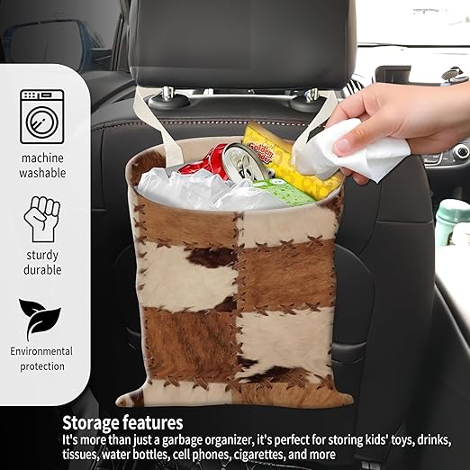 Car Garbage Can, Seat Back Hanging Cute Car Trash Can Bag, Car Organizer and Storage Bag for Travelling, Outdoor Retro Brown Cow Pattern
