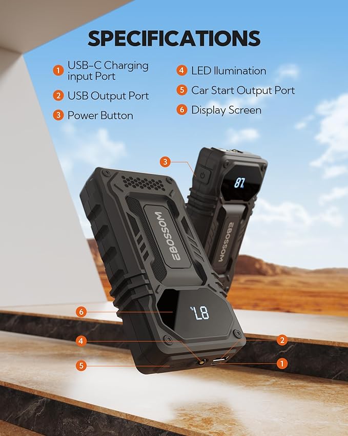 Car Battery Jump Starter,12000mAh Battery Jump Box,44.4Wh Vehicle Jump Booster with Smart Jumper Cables,LED Light Emergency C