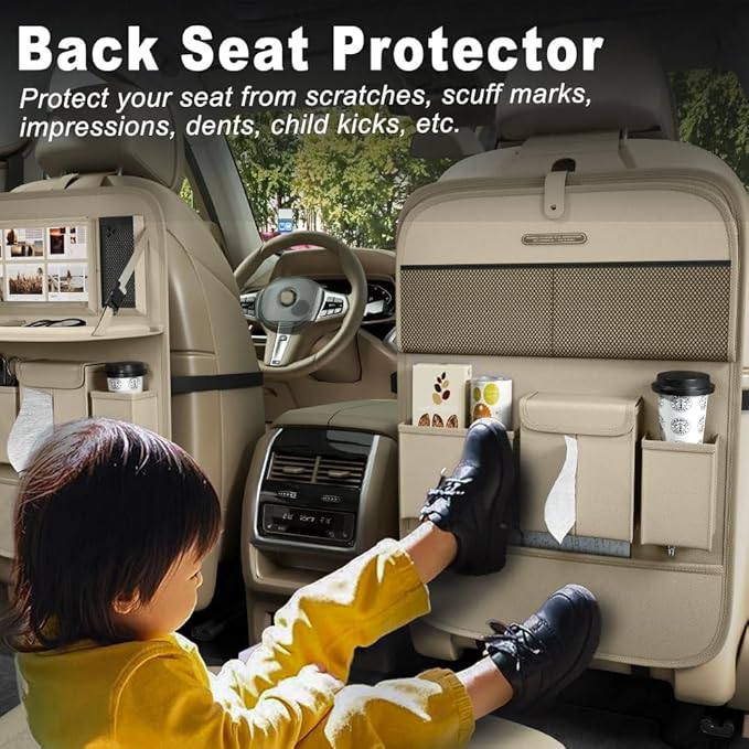 Car Seat Organizers,Multi-functional Back Seat Protectors, Storage Pouches, and Tray Holders (for Cars, Kids, Seat Back and Rear Seats) (Plain Beige, 1 Pcs)