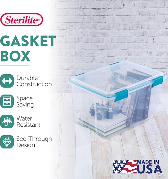 Sterilite 16-Pack Gasket Box, Weather-Resistant Storage Bins with Latching Lids, 54 Quart - Heavy-Duty Organizing Containers 