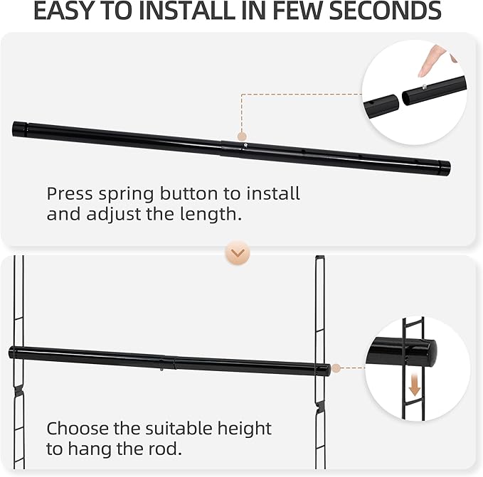 STORAGE MANIAC Hanging Closet Rod, Adjustable Width and Height Closet Hanging Organizer, Space-Saving Clothes Hanging Bar, Cl