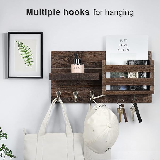 Lwenki Mail Organizer for Wall Mount – Key Holder with Shelf Includes Letter Holder and Hooks for Coats, Dog Leashes – Rustic