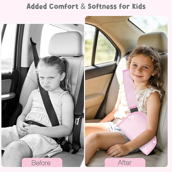 Kids Seat Belt Cover Pads, Universal Seat Belt Adjuster for Kids, HNHUAMING Kid's Shoulder & Belly Protective Padding for Travel, Soft Breathable Car Seat Straps Pads for Children, Pink