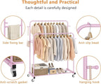 Laiensia Double Rods Garment Rack with Wheels, Clothing Rack for Hanging Clothes,4 Hooks, Multi-Functional Bedroom Clothes Ra