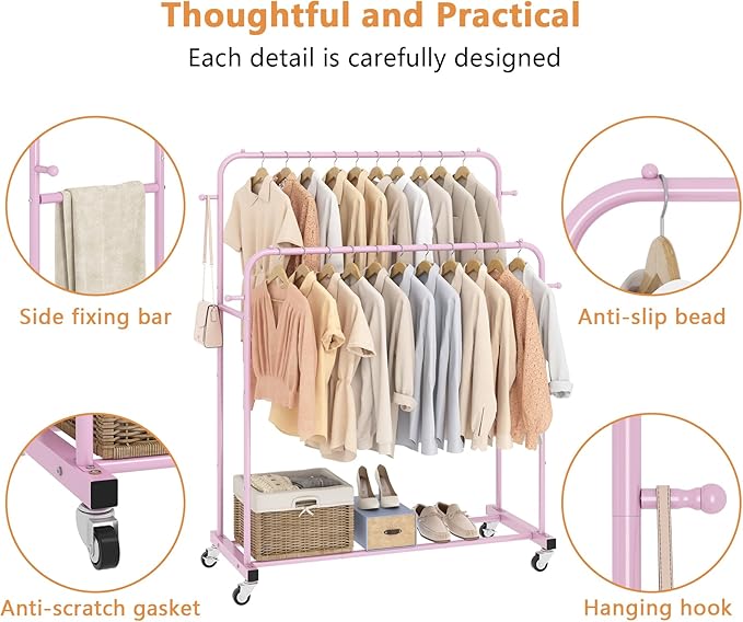 Laiensia Double Rods Garment Rack with Wheels, Clothing Rack for Hanging Clothes,4 Hooks, Multi-Functional Bedroom Clothes Ra