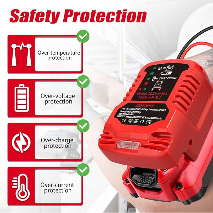 Jump Starter Adapter for Craftsman 20V V20 Battery, 11AWG 30A Auto Booster Cables, Portable Car Jump Starter for Up to 3.5L Engine, 12V Emergency Jump Box Using Power Tool Battery