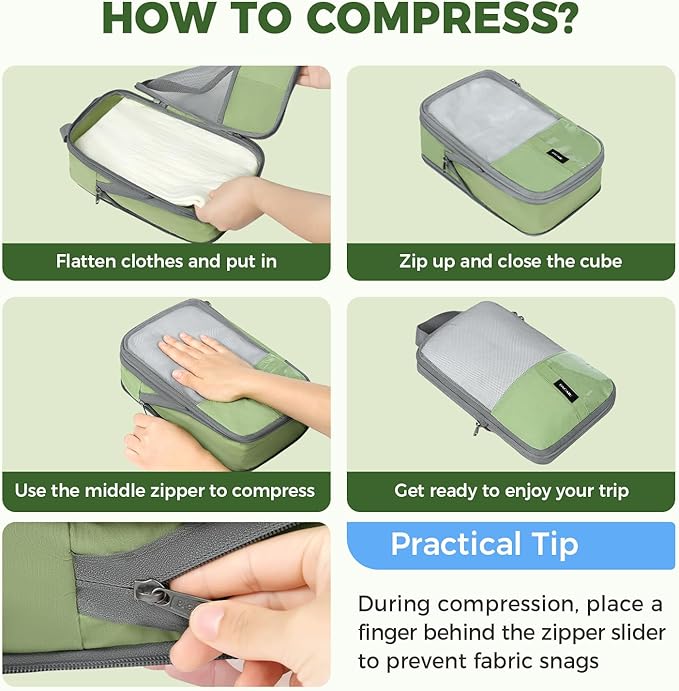 BAGAIL 6 Set Lightweight Compression Packing Cubes with Packing List, Anti-Tearing Expandable Organizer Bags for Travel, Matc