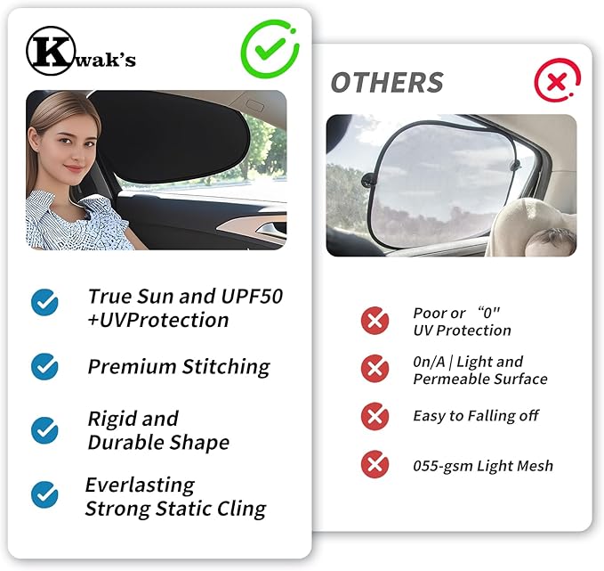 Kwak's 2 Pack Window Sun Shade for Car Baby - Sunshade Blocker, Glare Shield and UV Rays Protection for Your Kids - Side Windows Screens for SUV Truck (Front Window)