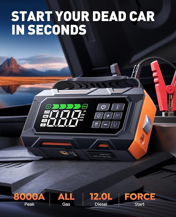 Portable Jump Starter with Air Compressor 8000A 160PSI, 16-in-1 Car Battery Jump Starter with Emergency Kit, Auto-Shutoff