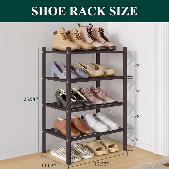 Smiry Small Bamboo Shoe Rack 4-Tier, Stackable Wooden Shoe Organizer for Entryway & Closet, Free Standing Wood Shoe Storage S