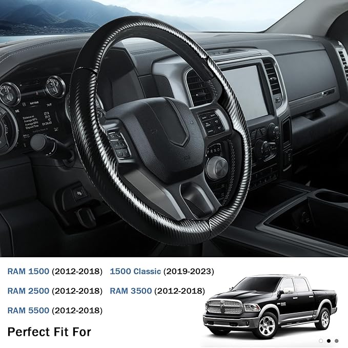 Steering Wheel Cover for Ram 1500, Car Steering Wheel Cover for Dodge Ram 1500 (2012-2018) 1500 Classic(2019-2023) 2500(2012-2018) 3500(2012-2018) 5500(2012-2018), Matte Black
