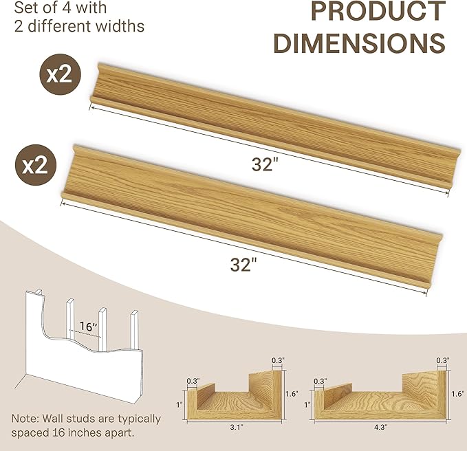 Fun Memories Picture Ledge Shelf - 32 Inches Floating Shelves Set of 4 - Floating Shelves with Lip for Storage - Wood Bookshe