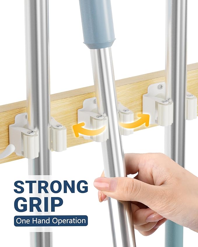 Lorbro Broom Holder Door Mount, Over the Door Broom and Mop Holder with 2 Over Door Hooks, Wood Broom Hanger, Tool Rack Organ