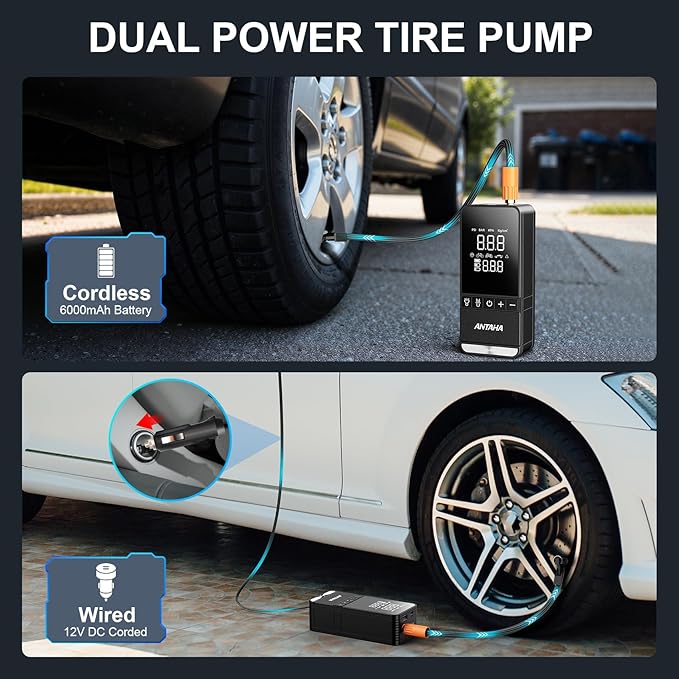 Tire Inflator Portable Air Compressor, 150 PSI Cordless Smart Air Pump for Car Tires, LED Light & Auto Shut-Off, Tires Pump for Car, Motorcycles, Bikes, Balls, Mini Bike Pump & Car Accessories