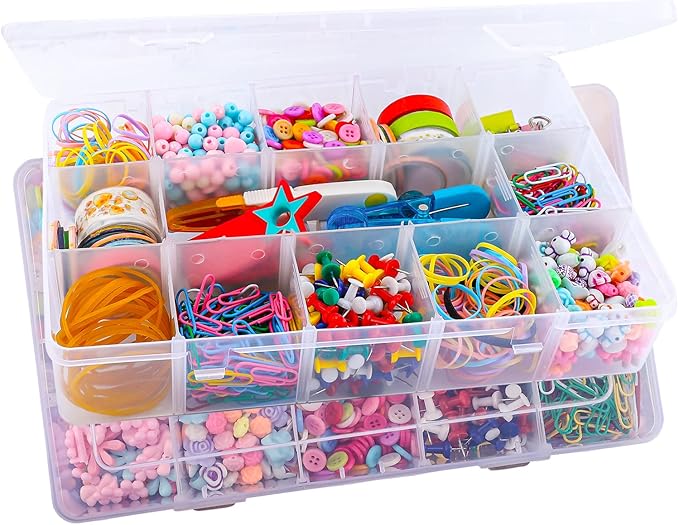 Exptolii 15 Large Grids Plastic Organizer Box with Dividers, 2 Pack Clear Compartment Container Storage for Washi Tapes Beads