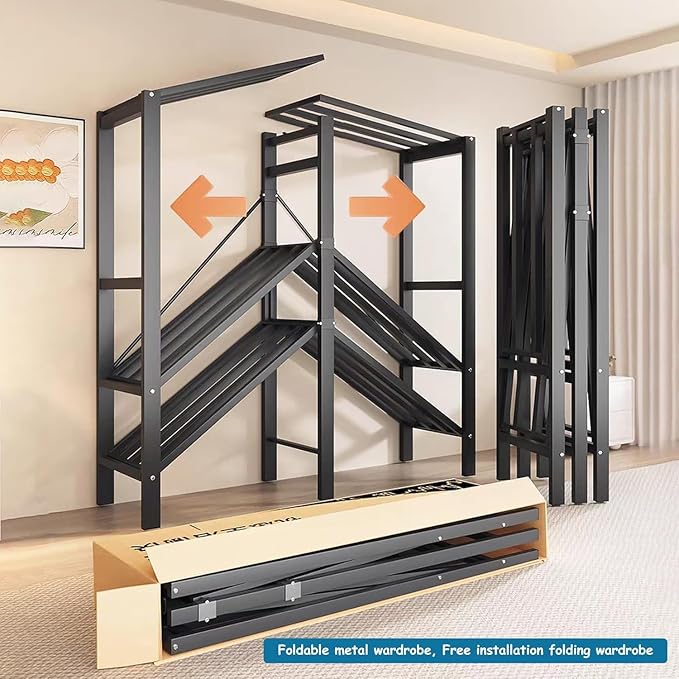 Heavy Duty Covered Clothes Rack with Magnetic Door 1500LBS Foldable Portable Wardrobe Closet for Hanging Clothing Rolling Bla