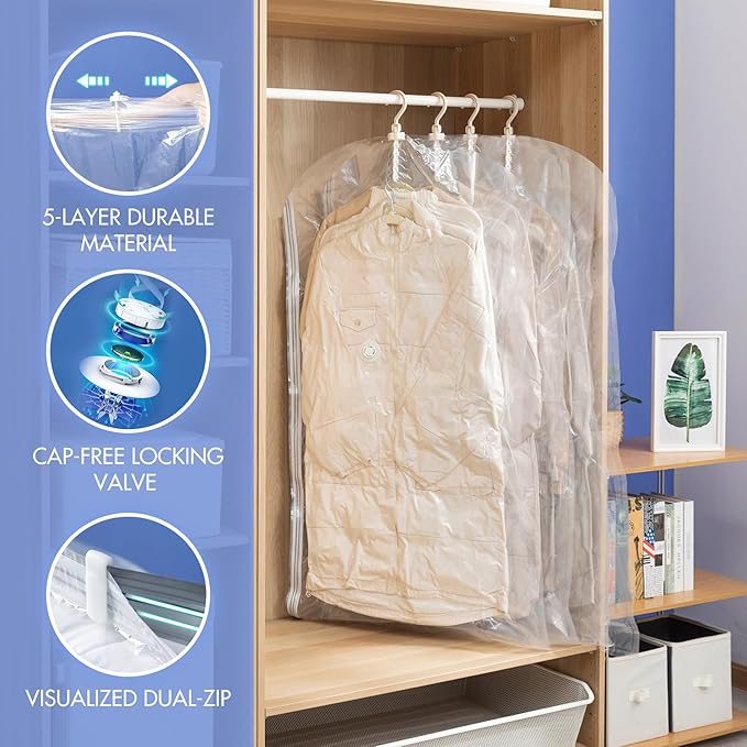 Hanging Vacuum Storage Bags, 6 Pack (53 x27.6 inch), Vacuum Seal bags for Clothing, Garment Storage for Coat, Jacket, Suits, 
