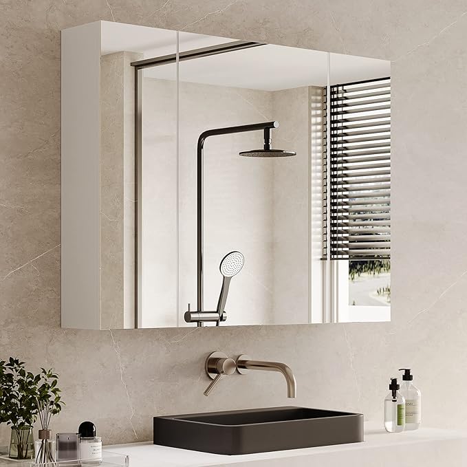 DICTAC Medicine Cabinet with Mirror & Storage - 27.6x23.6in Wall Mounted Cabinet with 3 Doors & Adjustable Shelves for Bathro