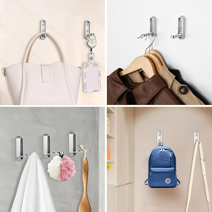Dntorx Folding Coat Hooks, 6 Pcs Foldable Silver Wall Hooks Heavy Duty Foldable Hook Bathroom Towel Hooks Robe Hooks Wall Mou