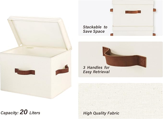 StorageWorks Fabric Storage Bins with Lid, Decorative Storage Boxes for Shelves, Stackable Closet Organizer Basket with Handl