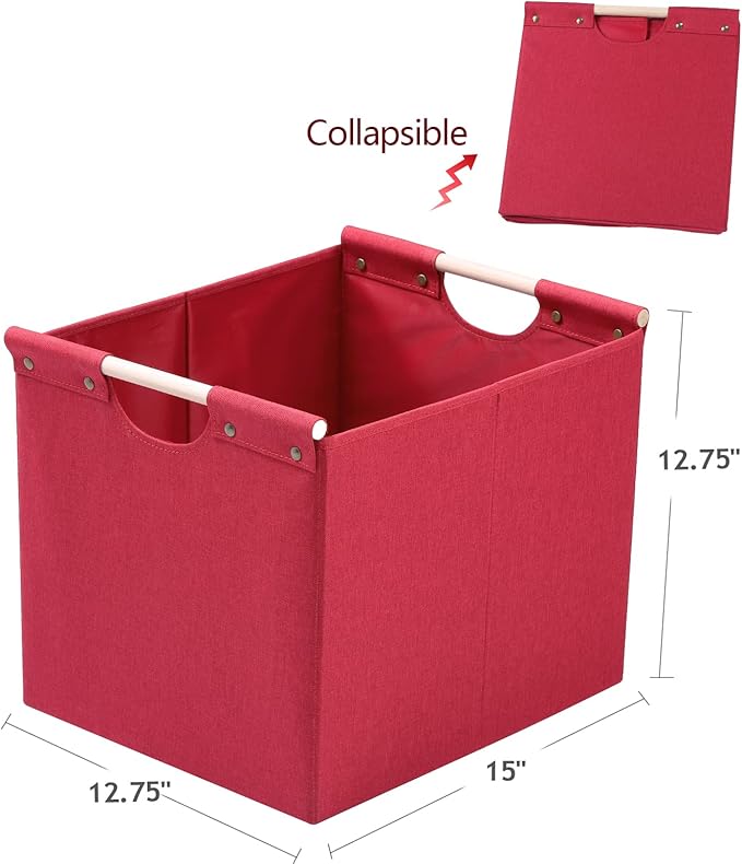HOONEX Large Collapsible Storage Bins, Linen Fabric, Pack of 2, Storage Baskets with Wooden Carry Handles and Sturdy Heavy Ca