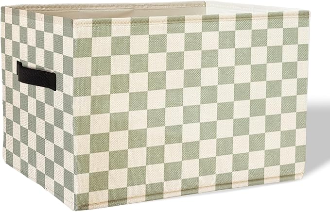 Sage Green Checkered Storage Basket Organizer Bins With Handles,Rectangular Organizing Decorative Storage Basket for Kids,Cut