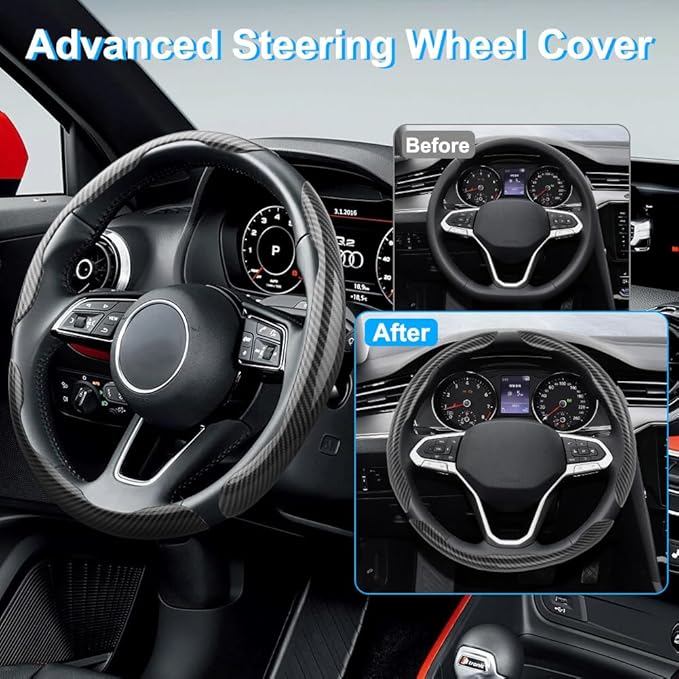 Carbon Fiber Steering Wheel Cover 3PCS, Non-Slip Grip for Universal Cars,Fit for 14–16 Inch Wheels, Interior Accessories for 