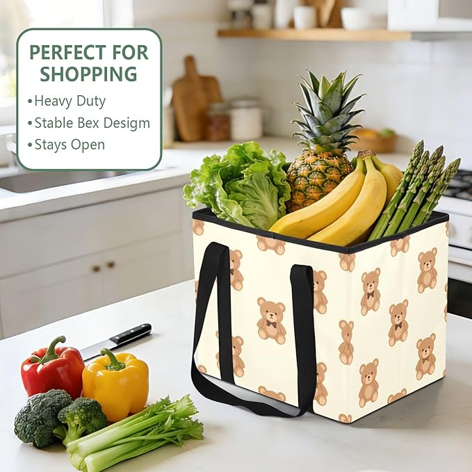 Cute Teddy Bear Reusable Grocery Bags Large Shopping Tote Bag with Reinforced Bottom Board, Water Resistant Foldable Storage 