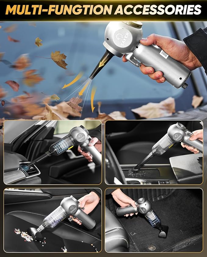 Saker Car Vacuum Portable 6-in-1 Handheld Cordless Vacuums, 20000PA Suction, 7800mAh Blower, Window Breaker, Seatbelt Cutter 