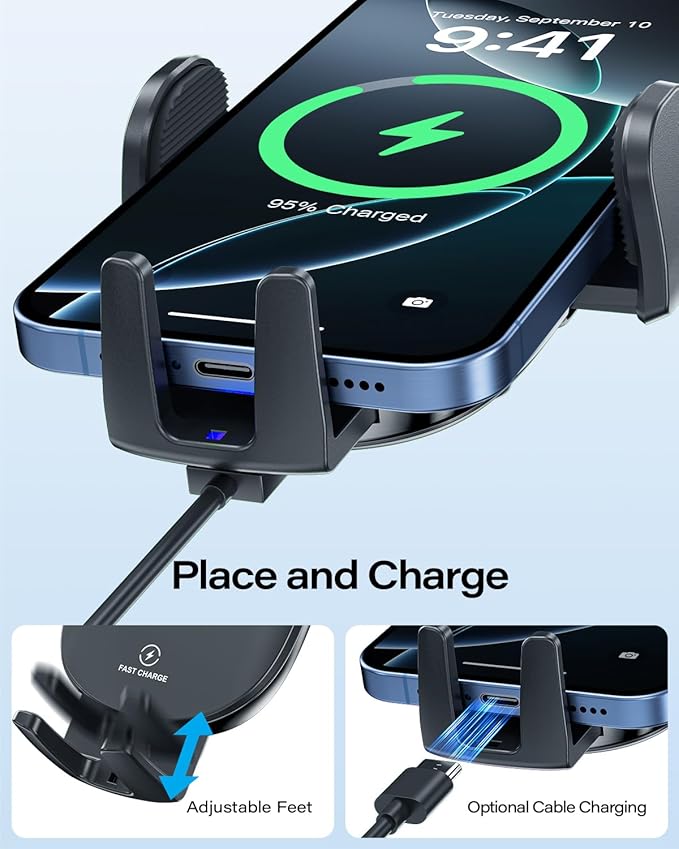 APPS2Car Sturdy CD Slot Phone Mount Upgraded Wireless Charger with One Hand Operation Design, Hands-Free Car Phone Holder Compatible with iPhone 17 Pro Max Plus 16 15 14 13 12 11, Samsung S25 S24
