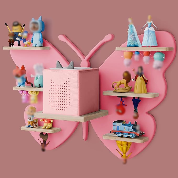 Butterfly Tonie Shelf for Toniebox - Pink Magnetic Tonies Wooden Floating Shelves, Cute Wall Shelf Storage for 20-32 Tonies F