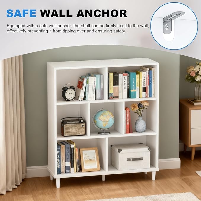 7 Cube Storage Organizer | Bookshelf with Legs|Wall Bookshelf| 3 Shelf Bookcase | -Cubic Storage Cabinet（Storing Books,Toys &