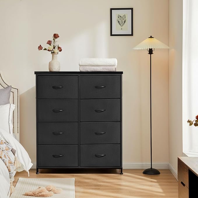 DUMOS 8 Drawer Dresser for Bedroom, Fabric Storage Organizer with Sturdy Metal Frame, Wooden Top Chest of Drawers for Closet 