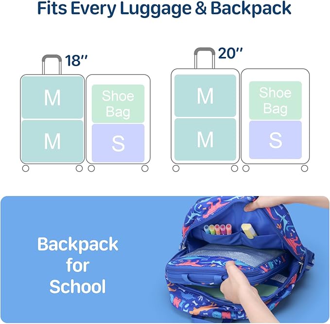 Kids Compression Packing Cubes, 4 Piece Set for Carry On Suitcase, Water Resistant Travel Luggage Organizers with Shoe Bag, T