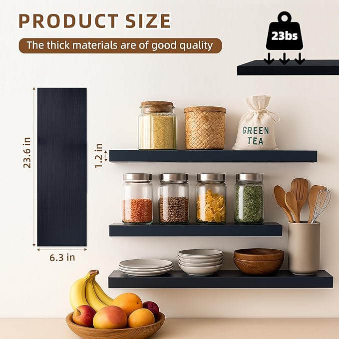 Floating Shelves for Wall, 23.6 inch Long Set of 3 Wood Rustic Wall Mounted Shelves, Display Shelf with Invisible Heavy, Larg