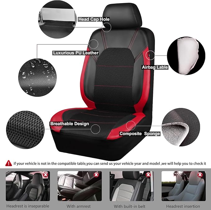 CAR PASS Air Mesh Leather Car Seat Covers for Front Seats, Waterproof Car Floor Mats, Sporty Steering Wheel Cover, Universal 