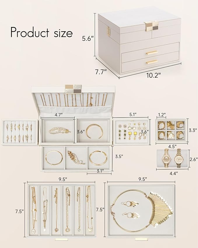 Vlando 4 Layers Jewelry Box - Women Jewelry Box with Retractable Tray - Jewelry Organizer with Drawer for Necklaces, Rings, B
