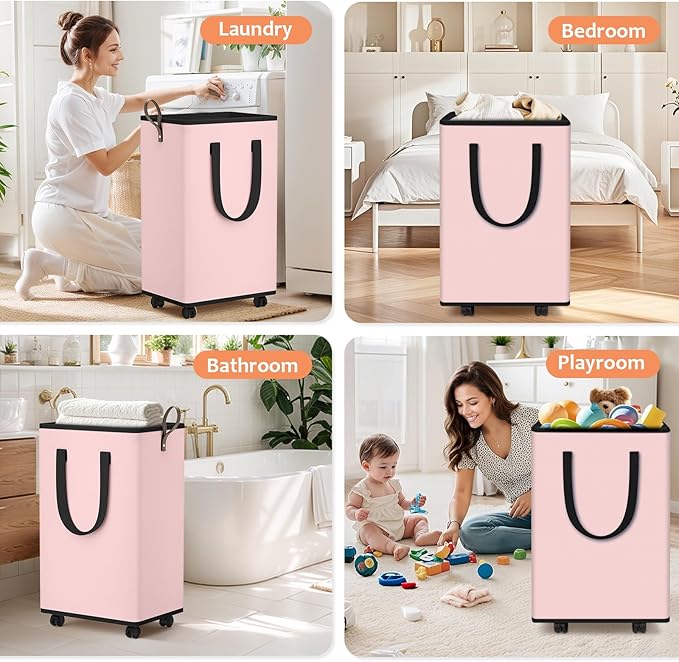SpaceTrove Laundry Basket with Wheels, Collapsible Laundry Baskets, Laundry Hamper with Handles Detachable Wheels, Rolling La