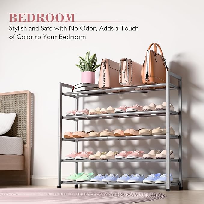 Bumusty 5-Tier Expandable Shoe Rack for Closet, 18“-33” Adjustable Shoe Rack for Small Space, Small Shoe Organizer for Front 
