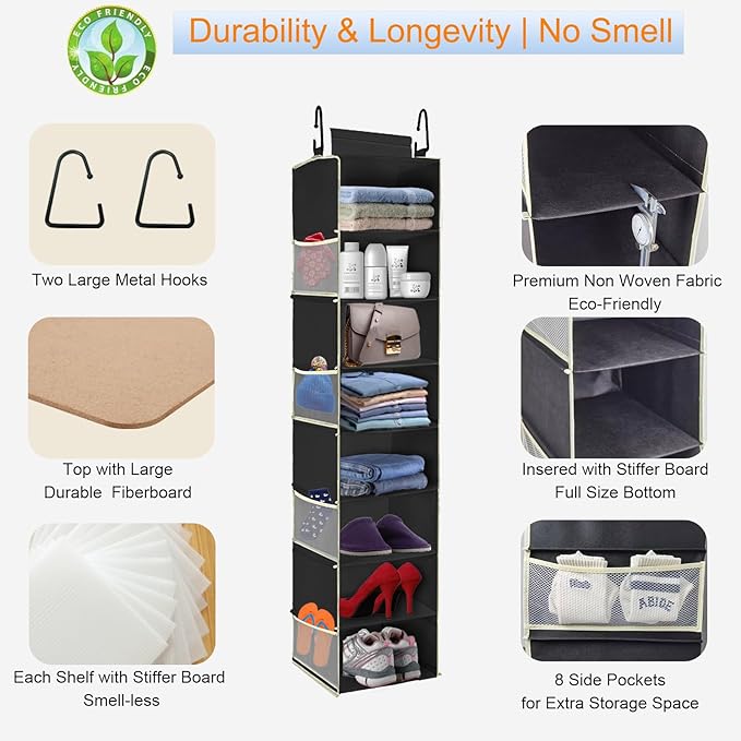 Large-Sized Hanging Shoe Organizer 8-Shelf, Hanging Closet Organizer with 8 Side Pockets, Wider Hanging Shelves for Storage S