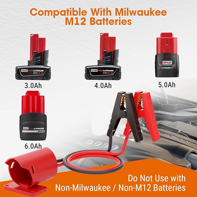 Jumper Cables for Car with Adapter Compatible with Milwaukee M12 12V Batteries, Silicone Wire 8AWG 2FT Alligator Clips Automotive Jump Starter Jumper Cables for Jump Starting Car or Tool Batteries