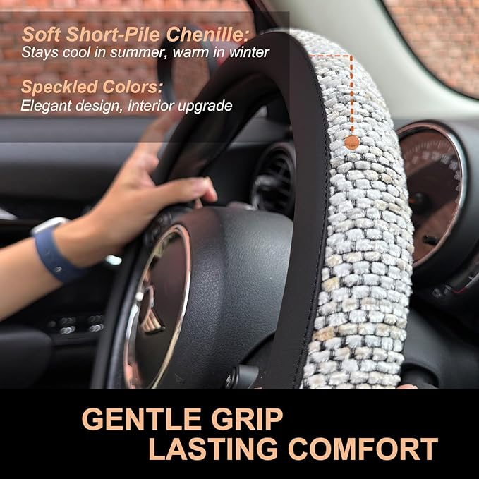 PINCTROT Chenille Leather Steering Wheel Cover, Soft Mottled Colors, Sweat-Proof, Non-Slip Grip, All-Season Comfort, Universa