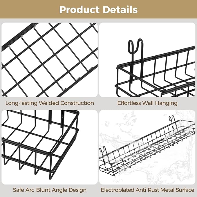4 Pcs Metal Grid Wall Baskets with Hooks, 15.75 x 3.94 x 1.97 Inch Grid Wall Shelves Hanging Wire Basket Multi Function Stora