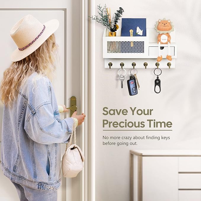 FifthQuarter Key and Mail Holder for Wall, Mail Organizer Wall Mount with 6 Hooks and Storage Drawer, Easy Installation Key R