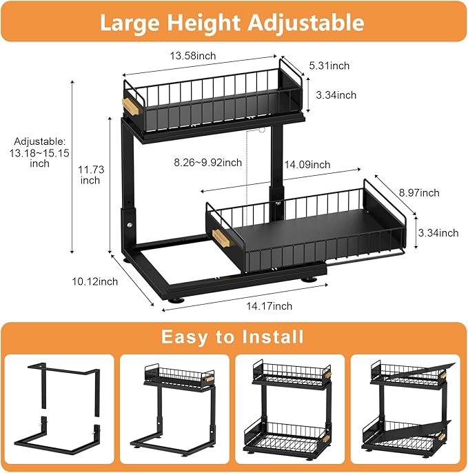 Under Sink Organizer, High Adjustable 2 Tier Under Kitchen Sink Organizer, Multi-Purpose Storage Shelf for Kitchen Bathroom C