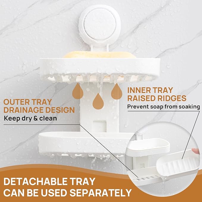 LEVERLOC Soap Dish Holder for Shower, Double Layer Suction Cup Wall Mounte Self Draining Removable Waterproof Strong Suction 