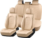 Coverado Full Set Leather Car Seat Covers, Waterproof Faux Leather Seat Covers, Beige Car Seat Protectors, 5 Seats, Universal
