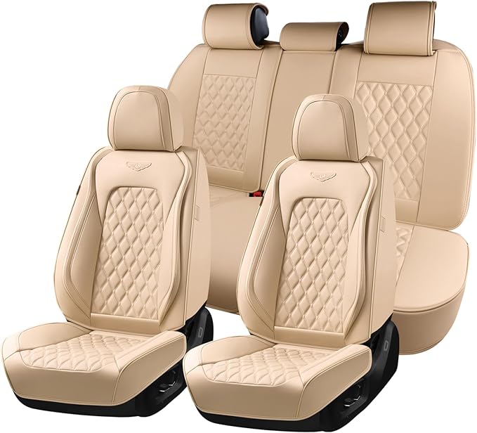 Coverado Full Set Leather Car Seat Covers, Waterproof Faux Leather Seat Covers, Beige Car Seat Protectors, 5 Seats, Universal